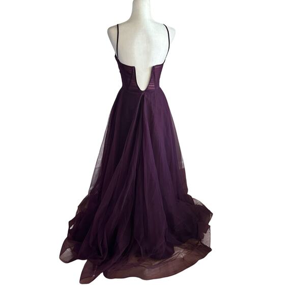 La Femme Corset Sheer Bodice Tulle Maxi Gown NEW Dark Berry Purple Size 2 - Picture 7 of 13